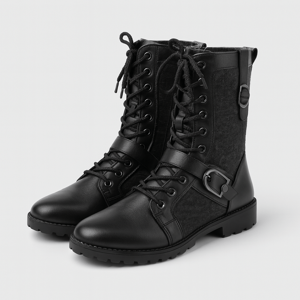 Black leather boots with lace-up design on a light gray background