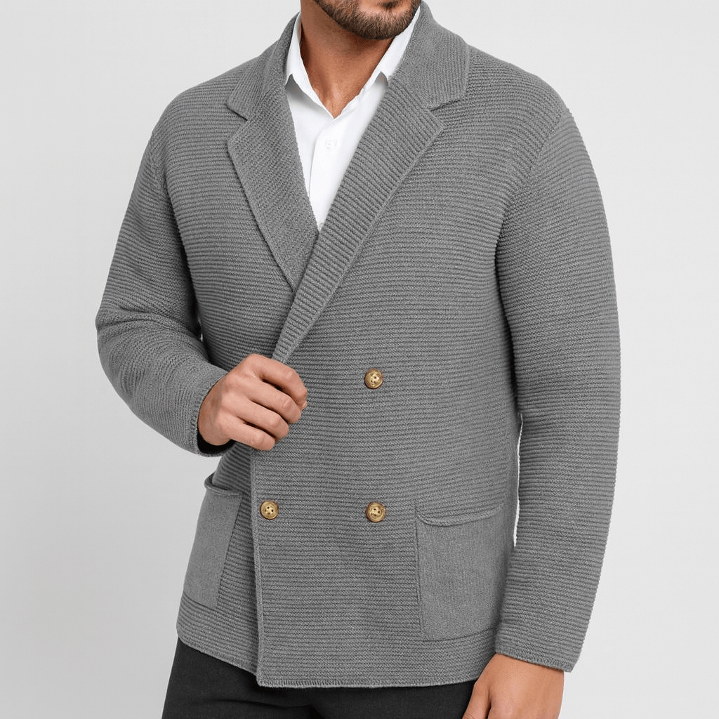 Gray blazer with gold buttons worn by a person on a light gray background