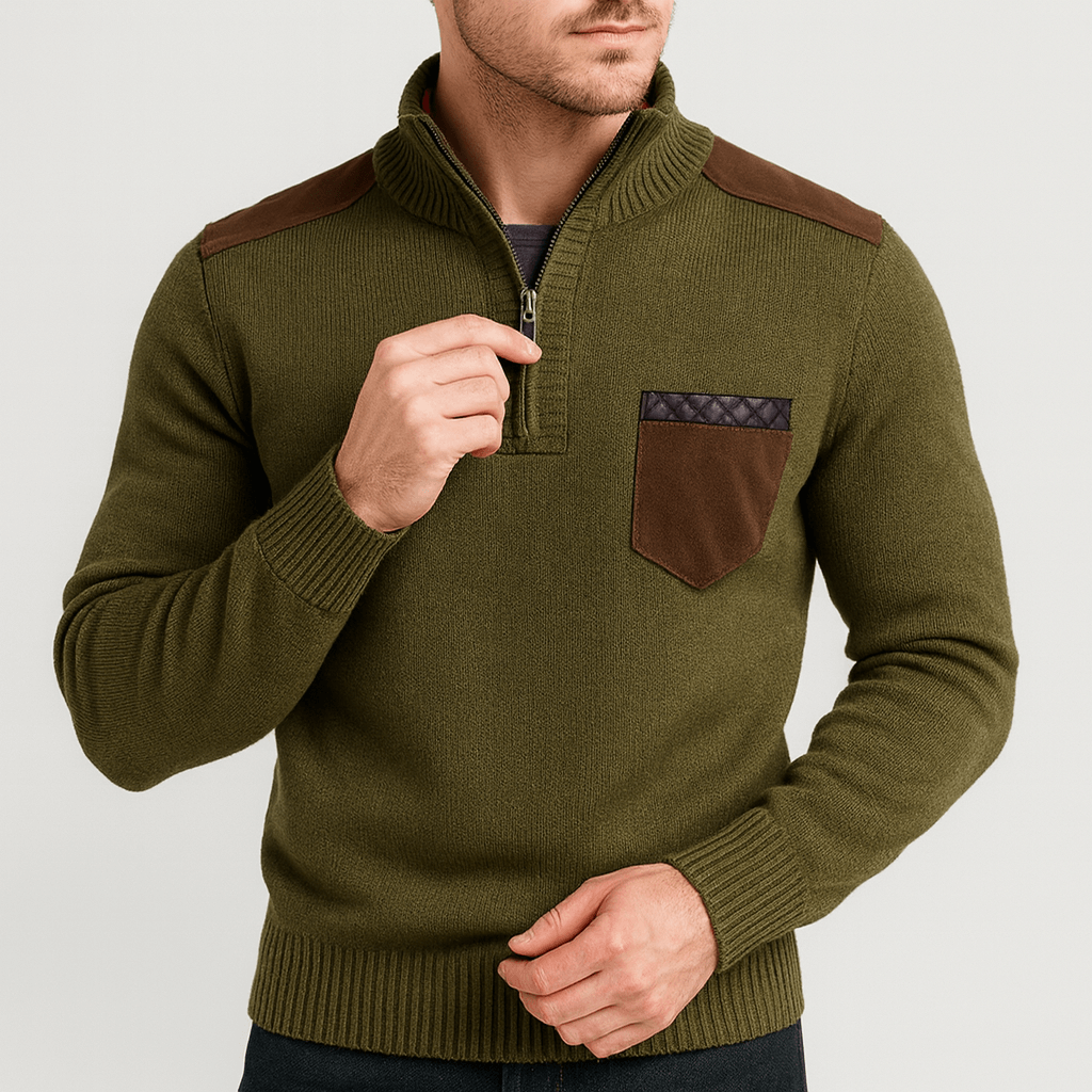 Green sweater with brown accents on a light gray background