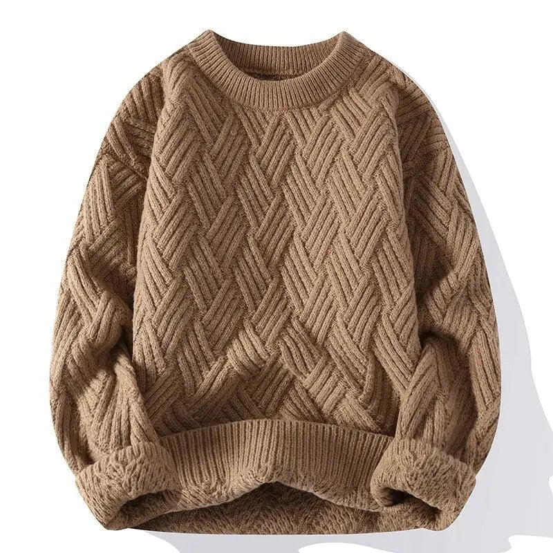 Brown knitted sweater with a geometric pattern on a white background