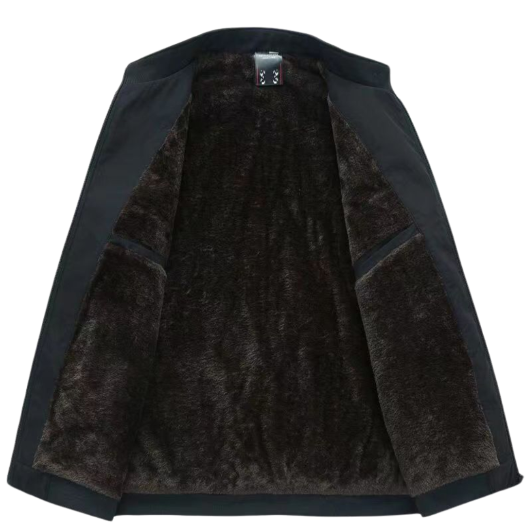 Black jacket with brown fur lining on a white background