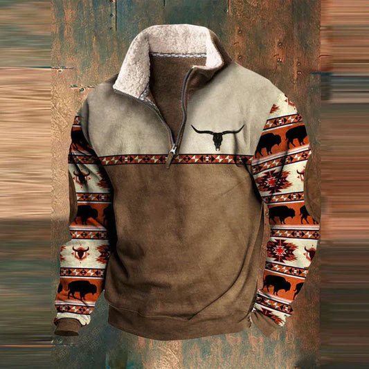 Brown and beige half-zip sweatshirt with tribal patterns on a textured background