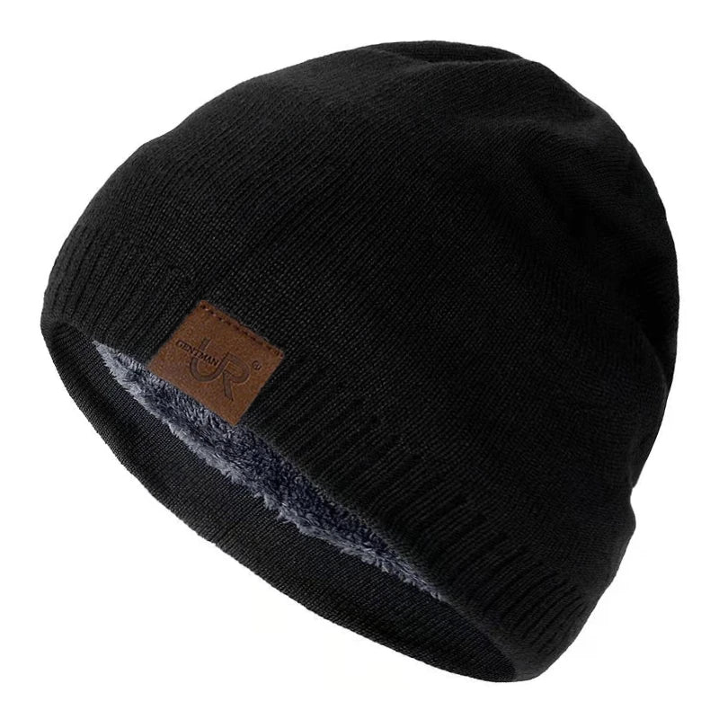 Black beanie with a brown leather patch on a white background