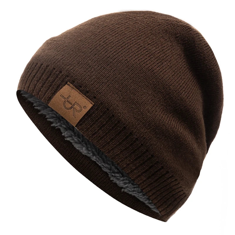 Brown beanie with a brand logo on a white background