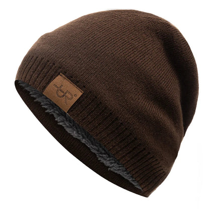 Brown beanie with a brand logo on a white background