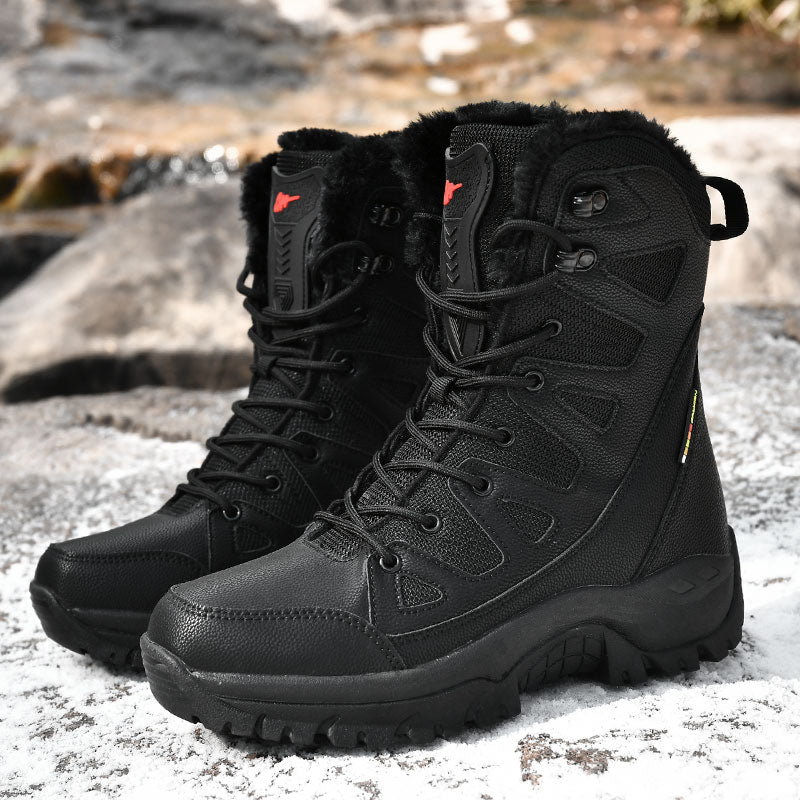 Black tactical boots with fur lining on a rocky surface