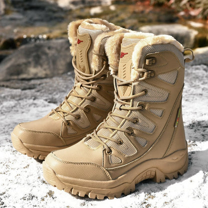 Pair of tan winter boots with fur lining on a snowy ground.