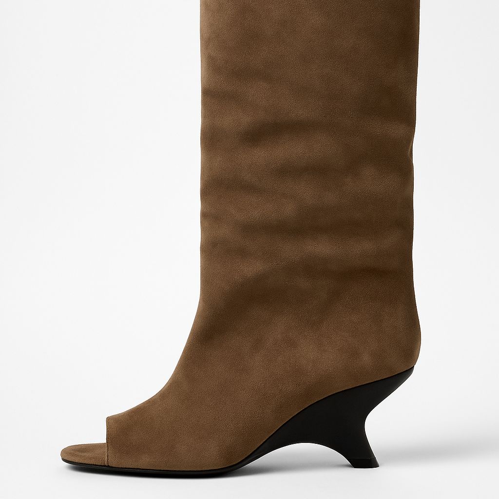 Brown knee-high boot with a black heel on a white background
