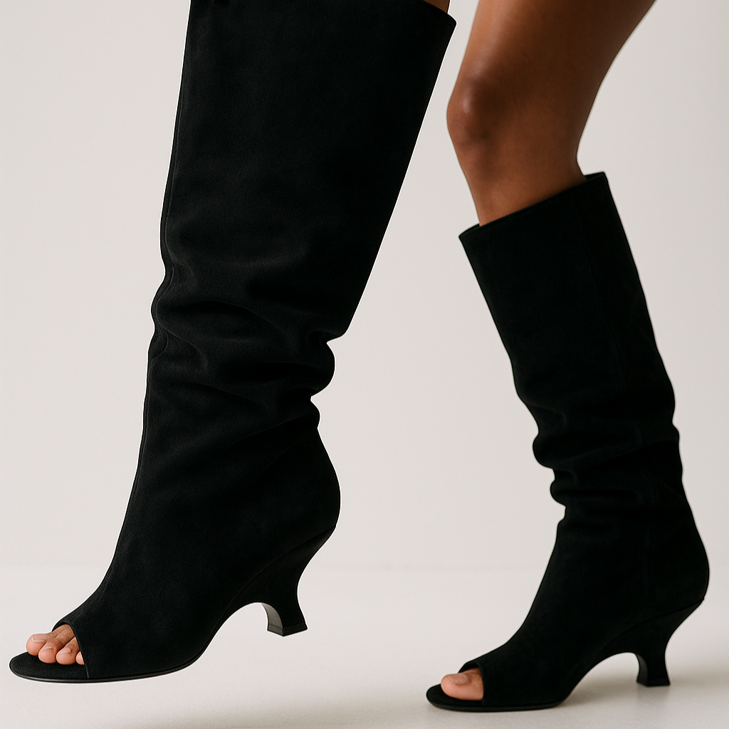 Black knee-high open-toe boots on a neutral background