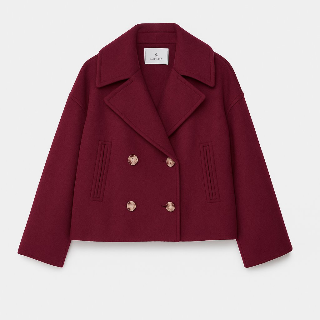 Maroon peacoat with gold buttons on a light gray background