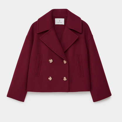 Maroon peacoat with gold buttons on a light gray background