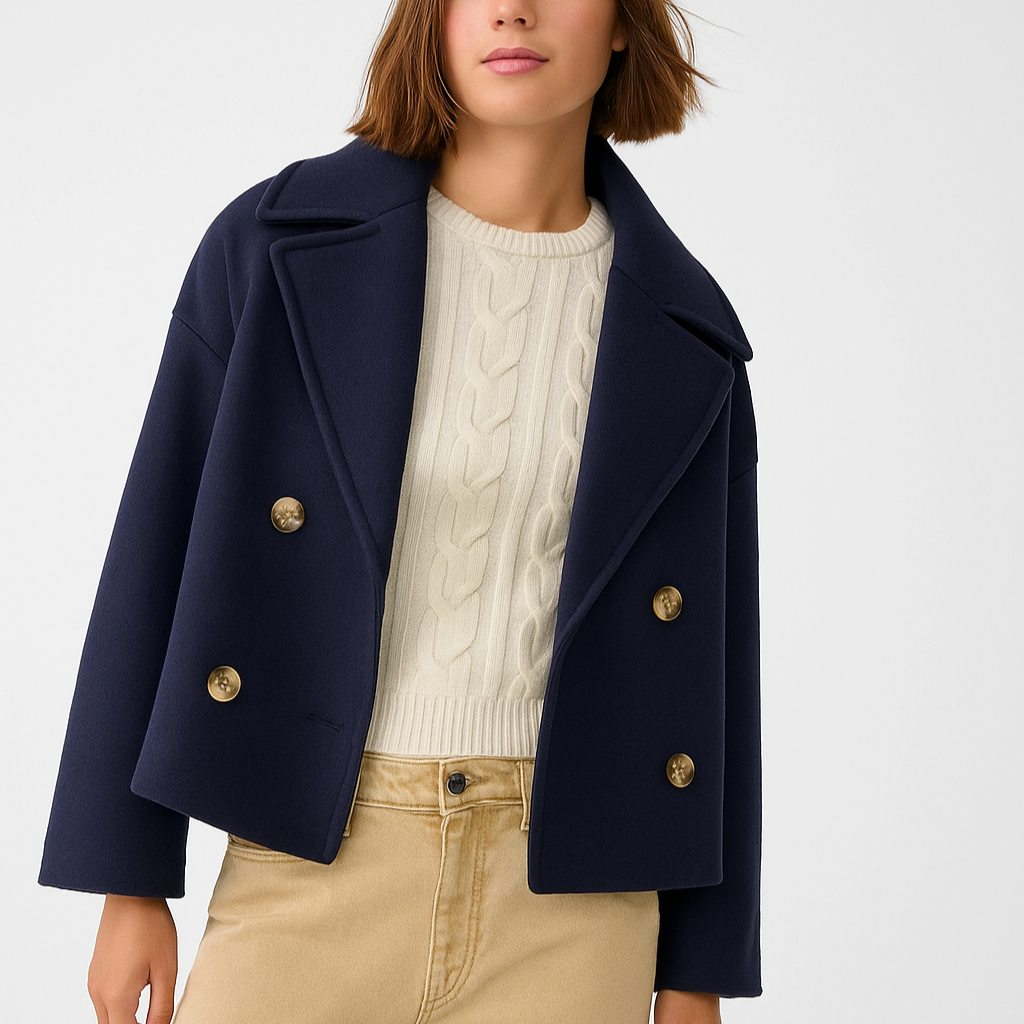 Navy blue coat with gold buttons worn by a person on a white background