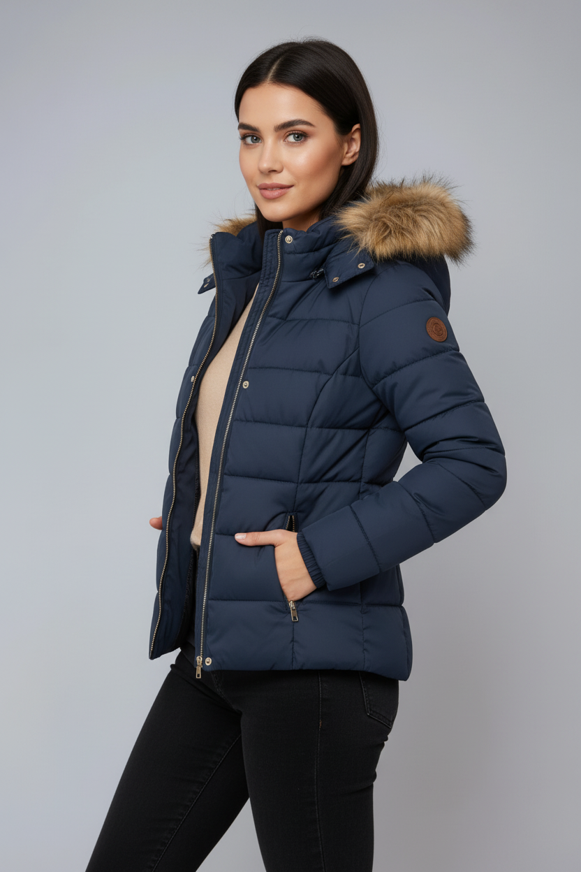 Woman wearing a navy blue puffer jacket with a fur-lined hood on a gray background