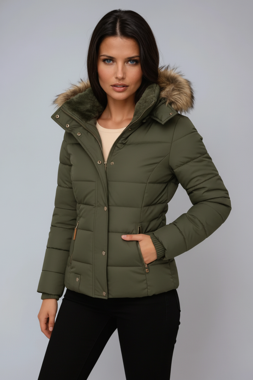 Woman wearing a green puffer jacket with fur hood against a gray background