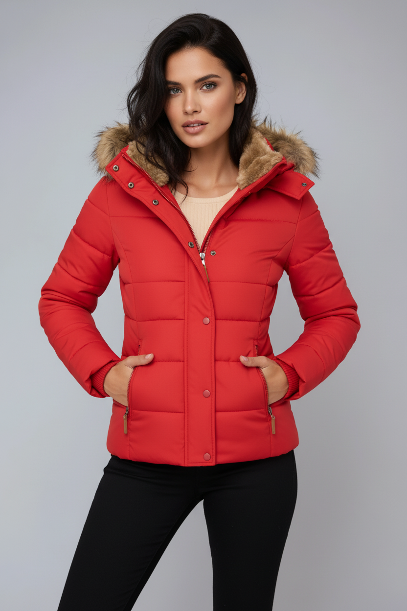 Woman wearing a red puffer jacket with fur hood on a gray background