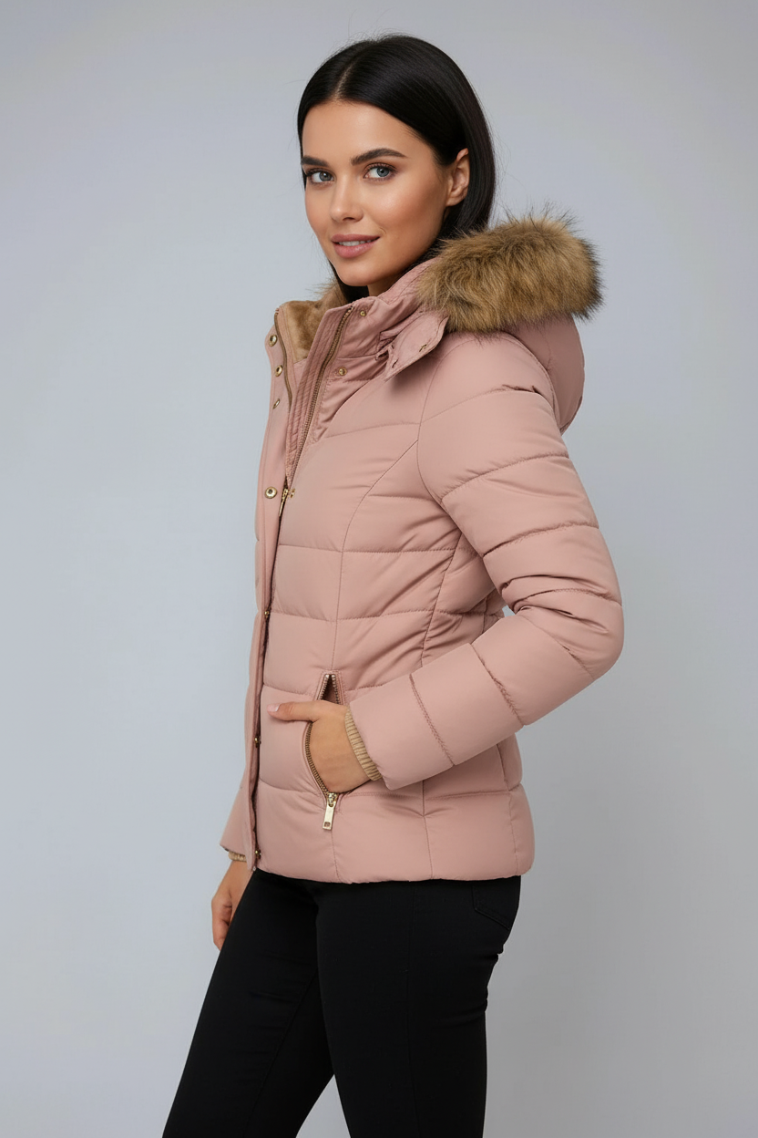 Woman wearing a pink quilted jacket with a fur hood against a light gray background