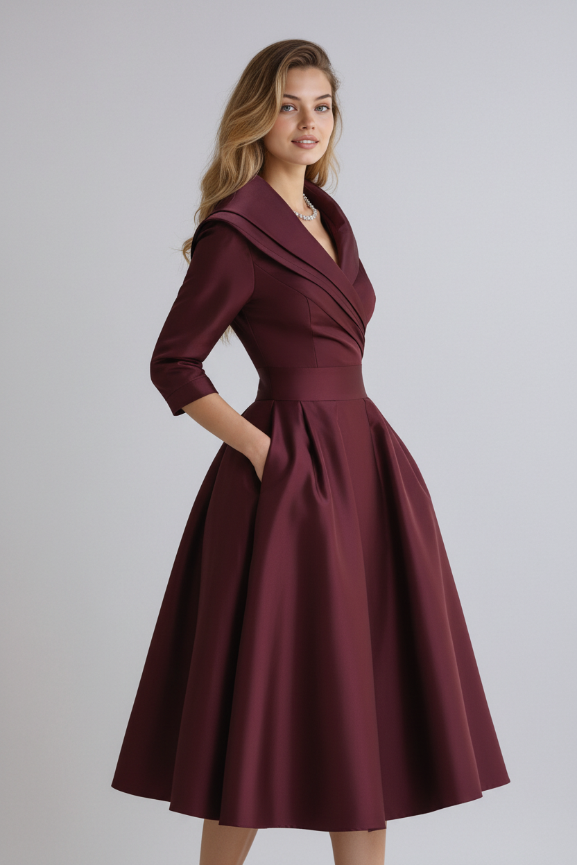 Woman wearing a burgundy dress with a plain background