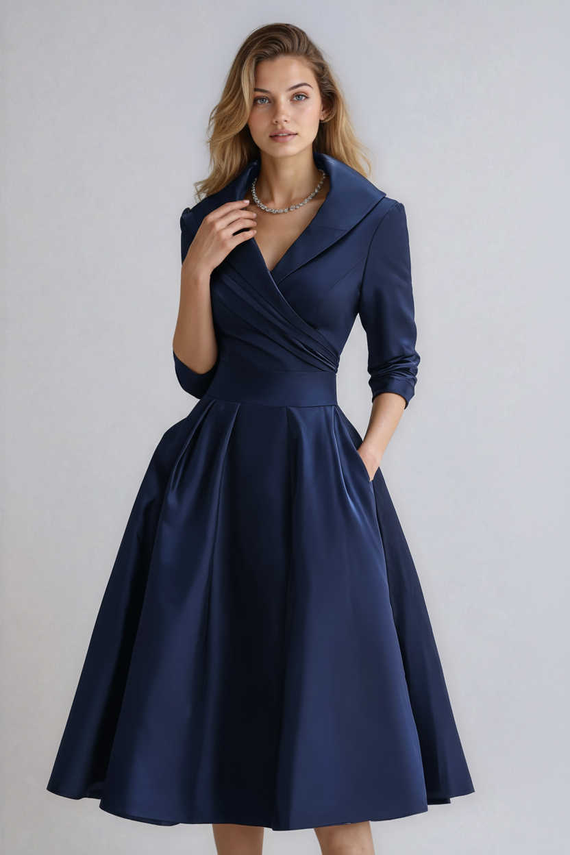 Woman wearing a navy blue dress with long sleeves on a light gray background