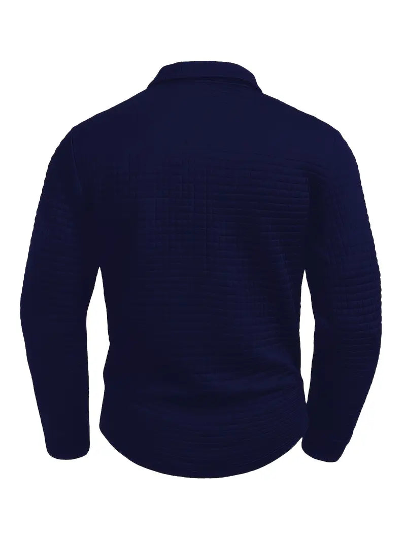Navy blue textured sweater on a white background
