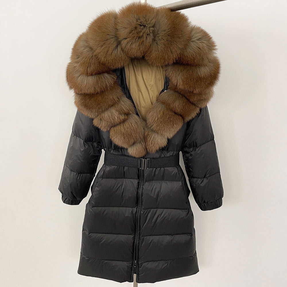 Black puffer coat with brown fur hood on a white background
