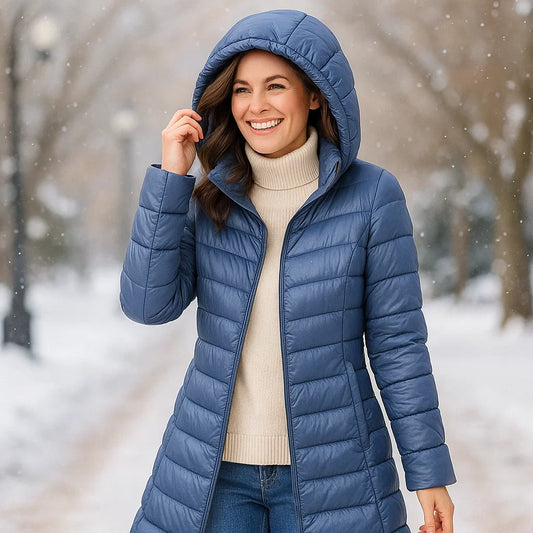 Woman wearing a blue puffer coat in a snowy outdoor setting