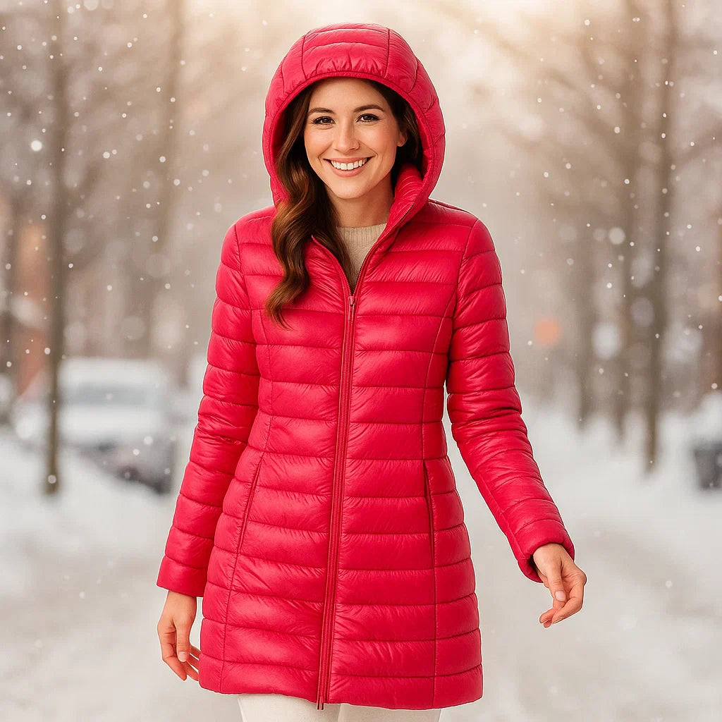 Woman wearing a red puffer coat in a snowy outdoor setting