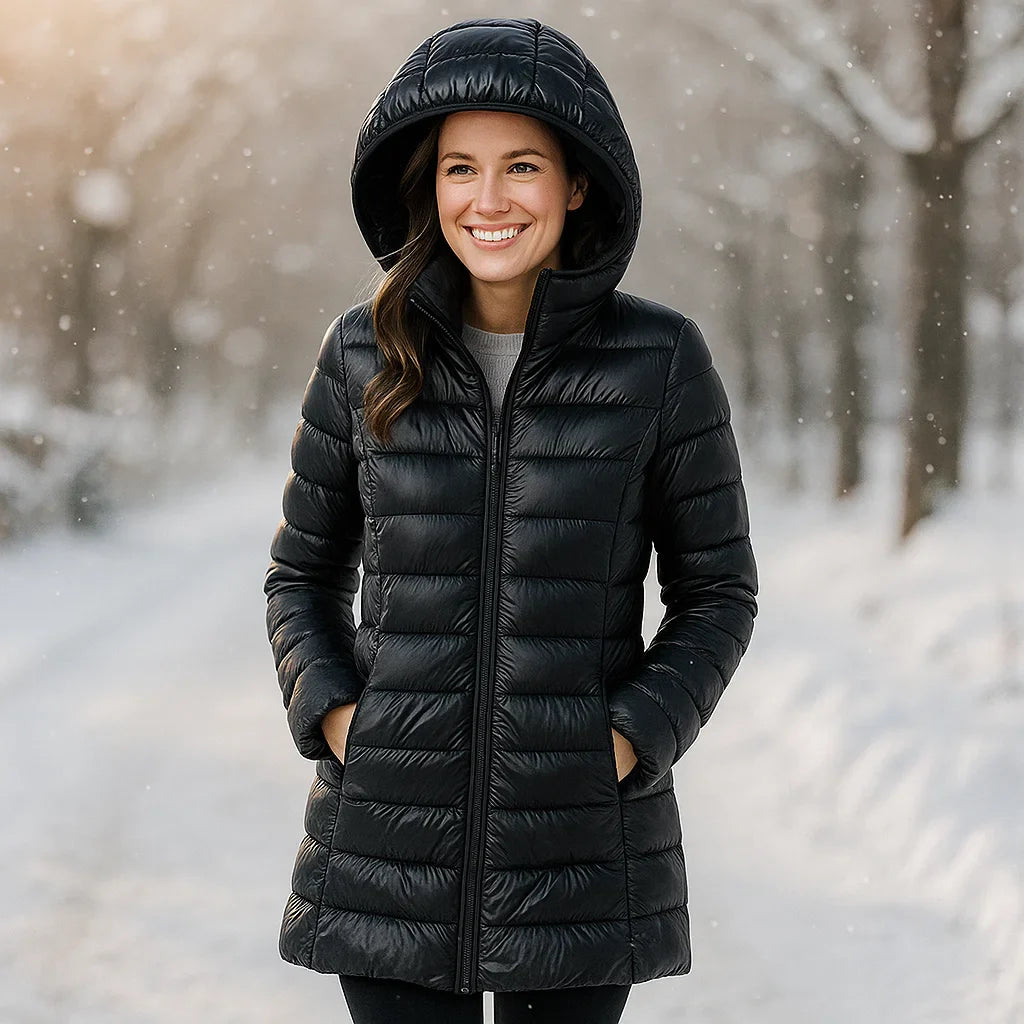 Woman wearing a black puffer coat in a snowy forest