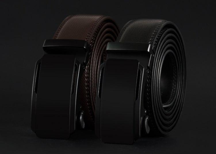 Two black leather belts with a buckle on a dark background