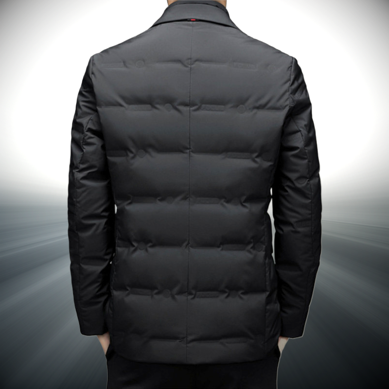 Black puffer jacket on a gray background