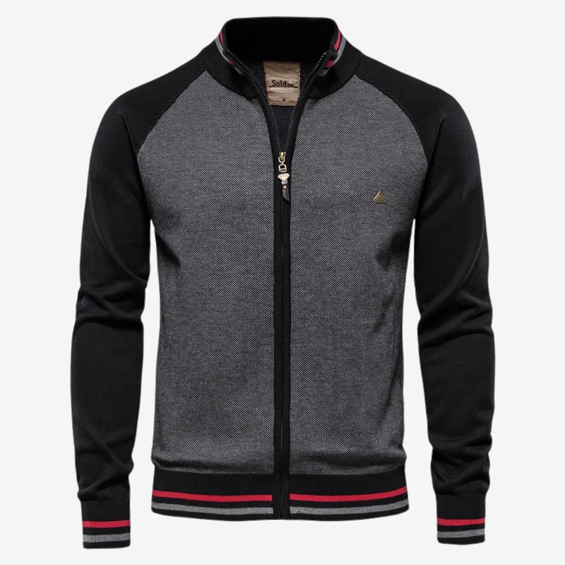 Gray and black jacket with red accents on a white background