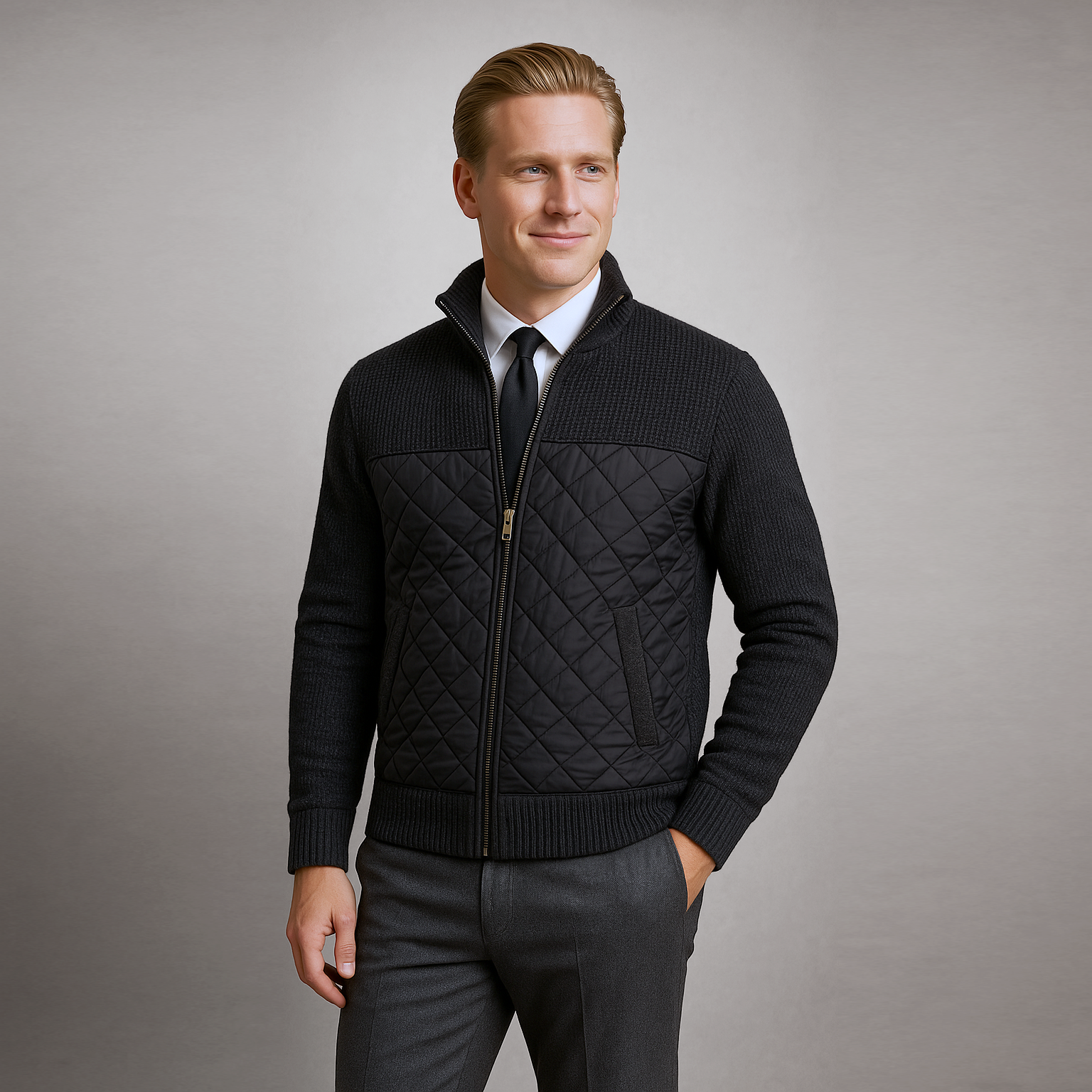 Man wearing a black quilted jacket on a gray background