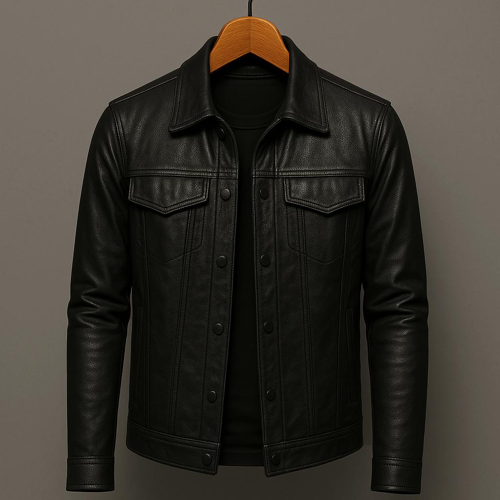 Black leather jacket on a hanger against a gray background