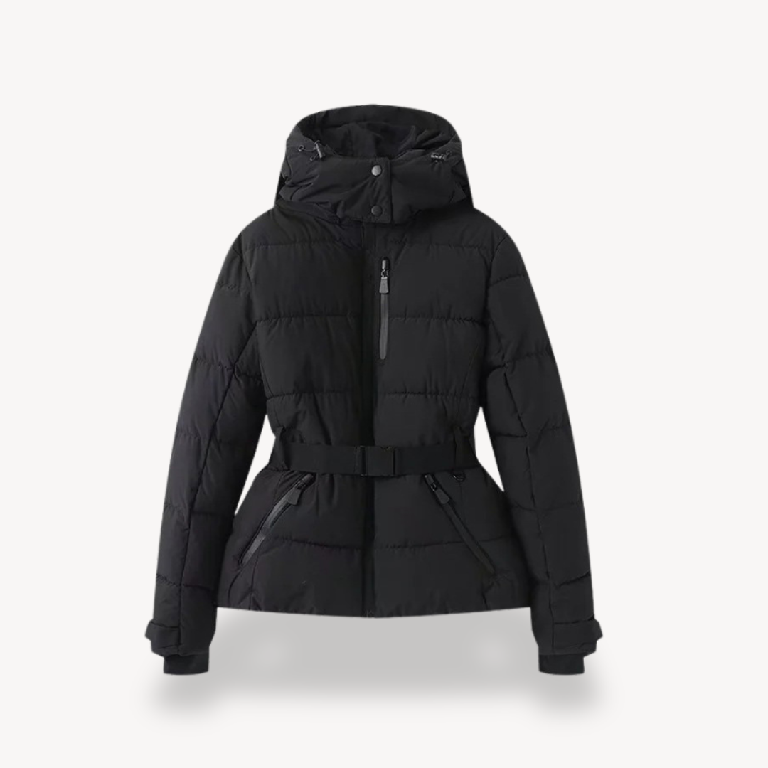 Black puffer jacket on a white background