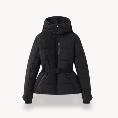 Black puffer jacket on a white background