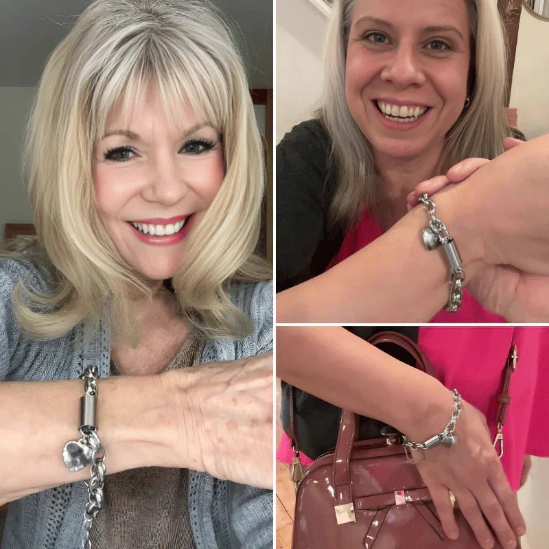 Collage of a woman wearing a silver bracelet with heart charms, smiling and holding a handbag.