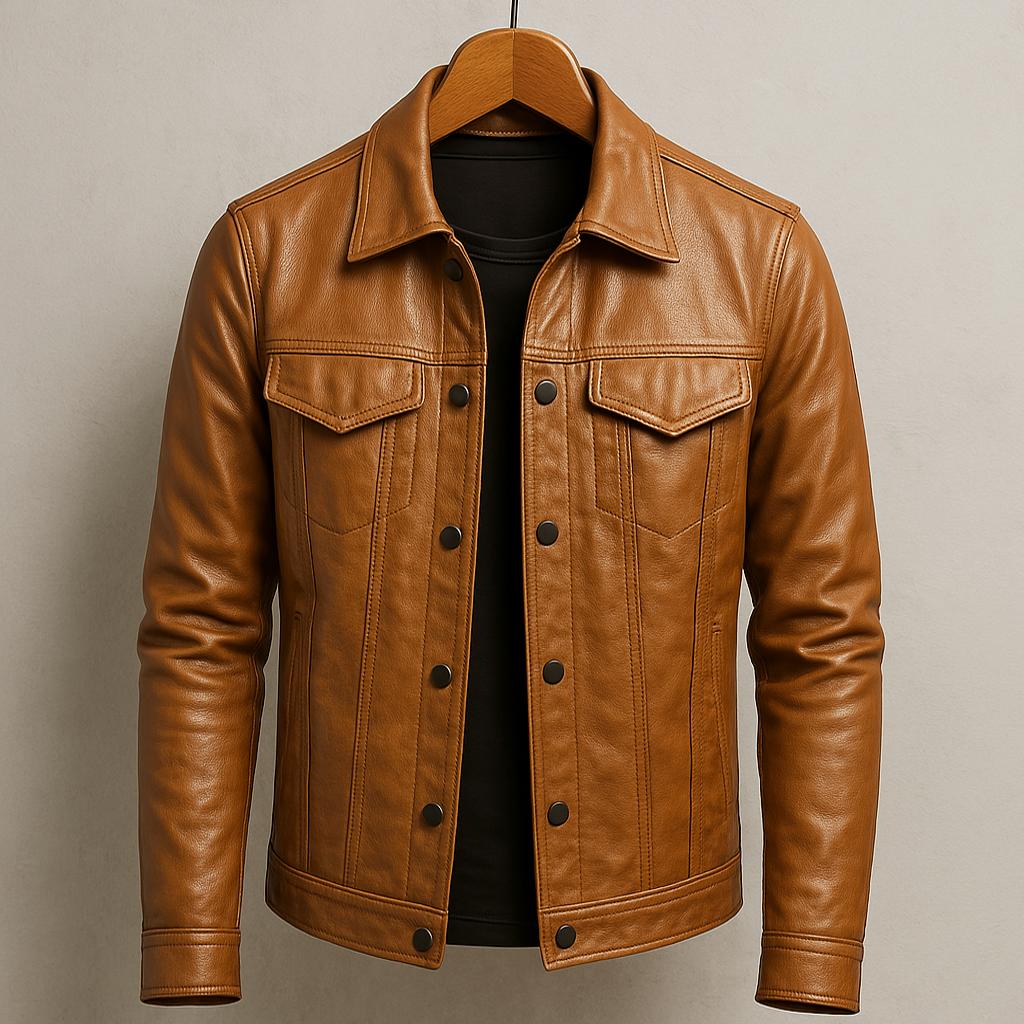 Brown leather jacket on a hanger against a beige background