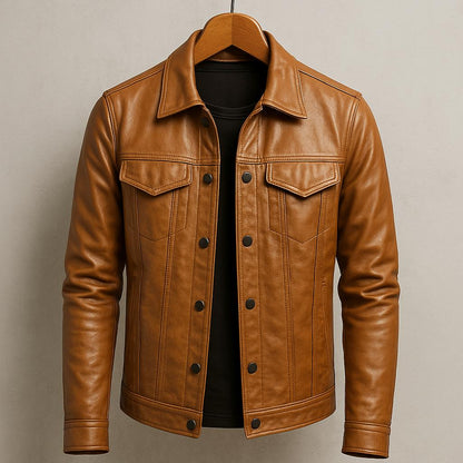 Brown leather jacket on a hanger against a beige background