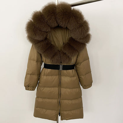 Brown puffer coat with fur hood on a white background