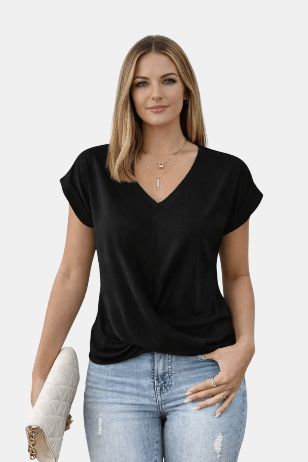 Casualowa Wiosenna Bluzka z Krótkim Rękawem i Dekoltem V (Damska)
