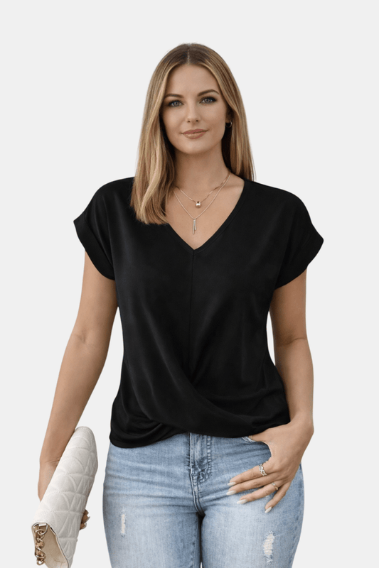 Casualowa Wiosenna Bluzka z Krótkim Rękawem i Dekoltem V (Damska)