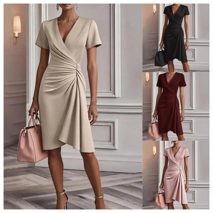 Damska Letnia Sukienka Midi z Dekoltem V i Drapowaniem Krótki Rękaw