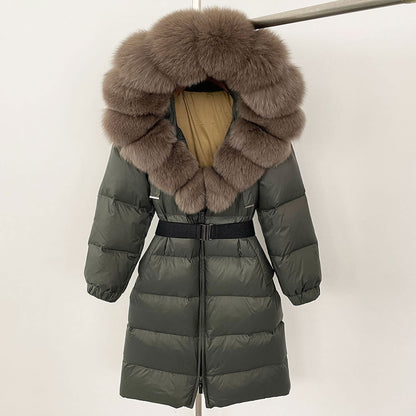 Green puffer coat with fur hood on a white background