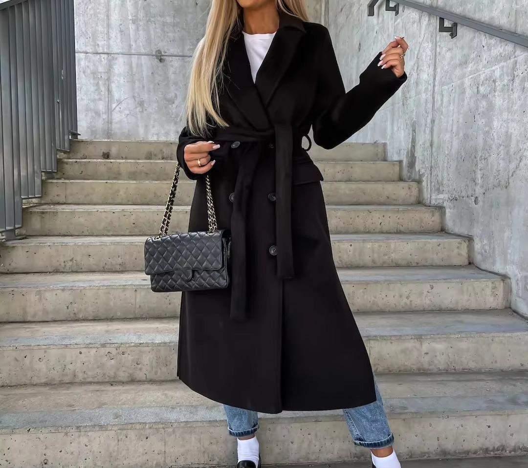 Manteau d'hiver chaud et long à double boutonnage avec ceinture pour femmes