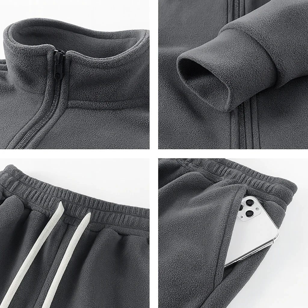 Gray fleece tracksuit with close-up details on a white background