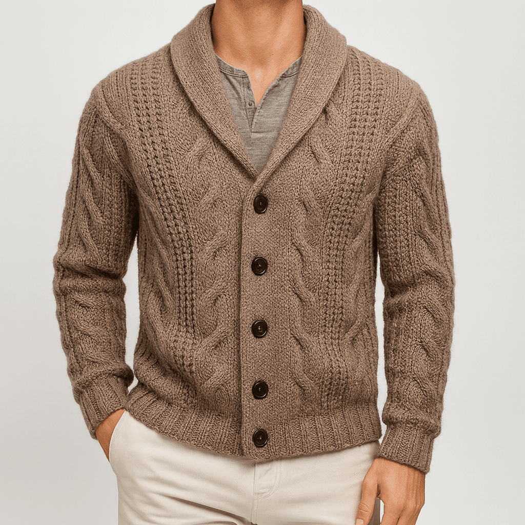 Brown knitted cardigan worn by a person on a light gray background