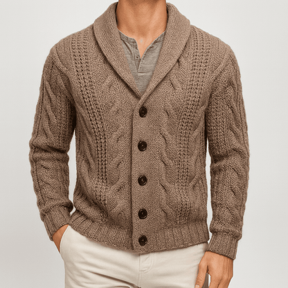 Brown knitted cardigan worn by a person on a light gray background