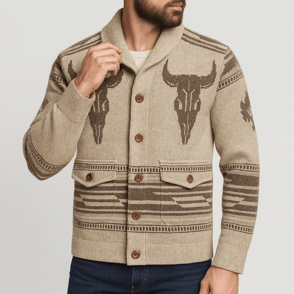 Man wearing a patterned jacket with bull skull designs on a plain background