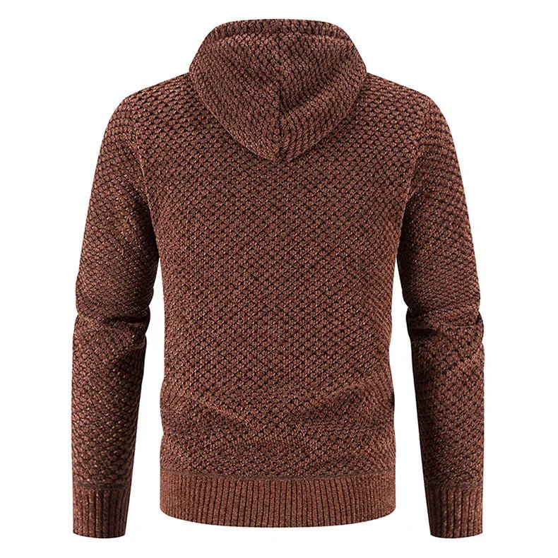 Brown knitted hoodie shown from the back on a white background
