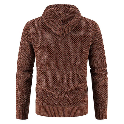 Brown knitted hoodie shown from the back on a white background