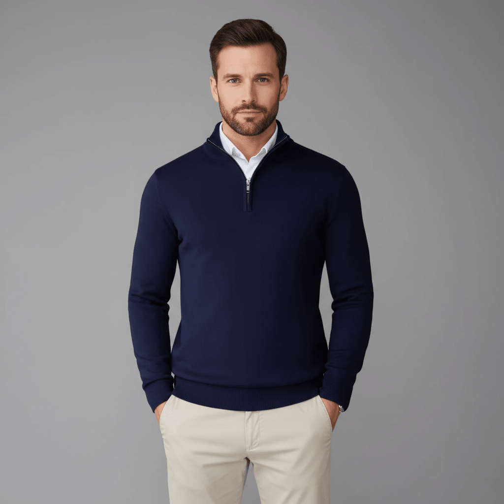 Man wearing a navy blue quarter-zip sweater over a white shirt with beige pants on a gray background